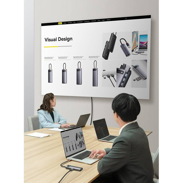 Baseus Metal Gleam Series HUB 7 v 1 dokovací stanice USB typu C – 1 x HDMI / 1 x VGA / 3 x USB 3.2 Gen. 1/1 x napájení / 1 x RJ-45 Ethernet Grey (WKWG040013)