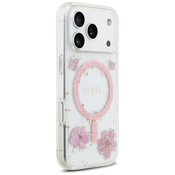 Etui Guess Resin Flowers Glitter MagSafe do iPhone 17 Pro różowy