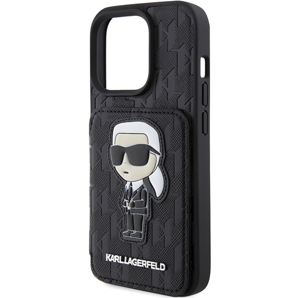 Karl Lagerfeld KLHCP15XSAKKNSCK iPhone 15 Pro Max 6,7" negro/negro durocase Tarjetero Saffiano y Soporte Monograma Ikonik Patch