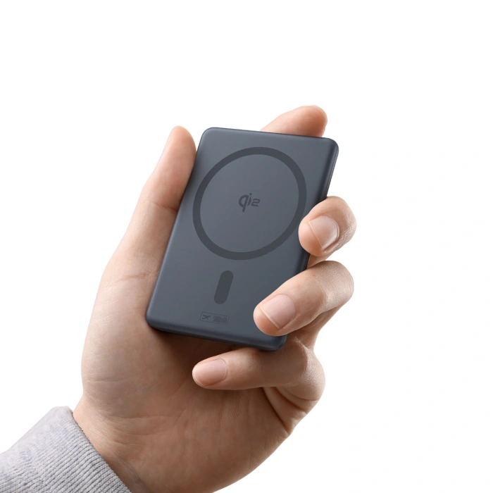 Powerbank Baseus PicoGo AM31 Qi2 5000mAh 20W ultracienki kompatybilny z MagSafe z podstawką z kablem plecionym Baseus Simple USB-C 20cm - szary