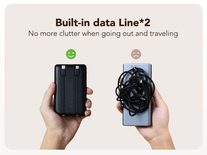 Powerbank Veger C11 (W1170) PD QC3.0 2A 22,5W 10 000 mAh z wbudowanymi kablami USB C / Lightning czarny