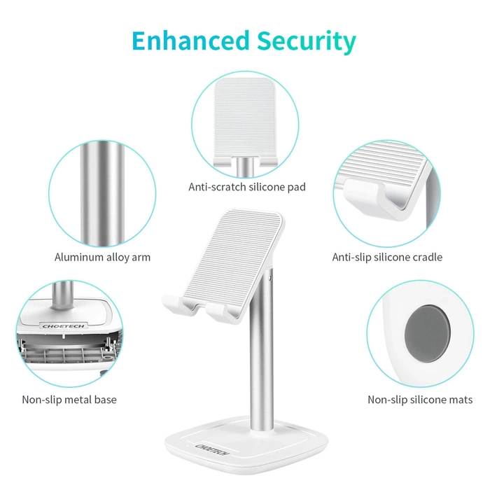 Choetech H035 support en aluminium pour téléphone ou tablette avec réglage - blanc et argent