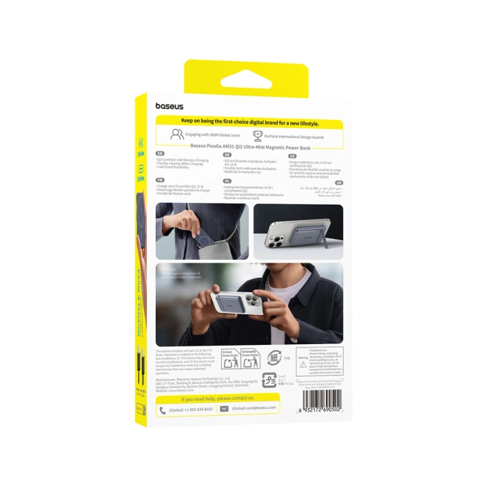 Powerbank Baseus PicoGo AM31 Qi2 5000mAh 20W ultracienki kompatybilny z MagSafe z podstawką z kablem plecionym Baseus Simple USB-C 20cm - szary