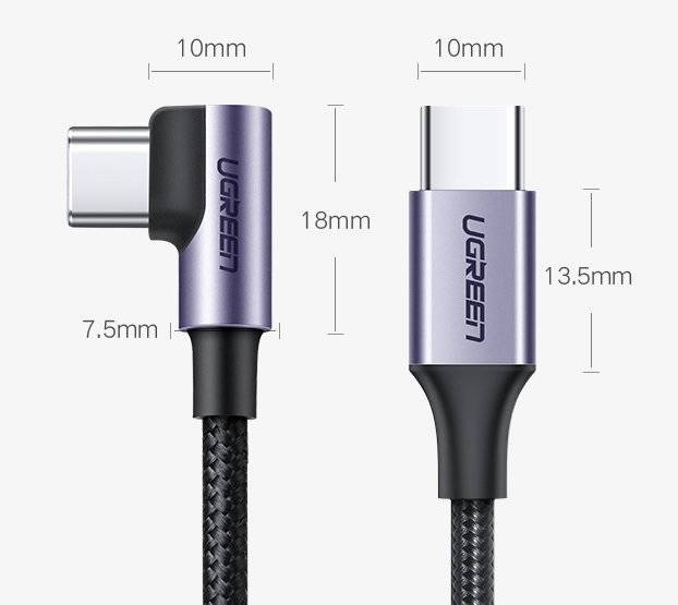 Ugreen angled cable USB Type C - USB Type C Power Delivery 60 W 20 V 3 A 2 m black-gray cable (US255 50125)