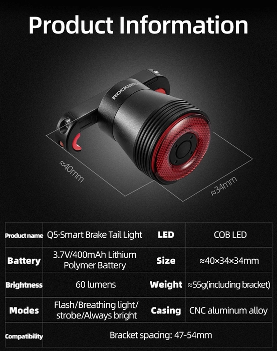 Rockbros Q5 rear bicycle light with intelligent stop system - black