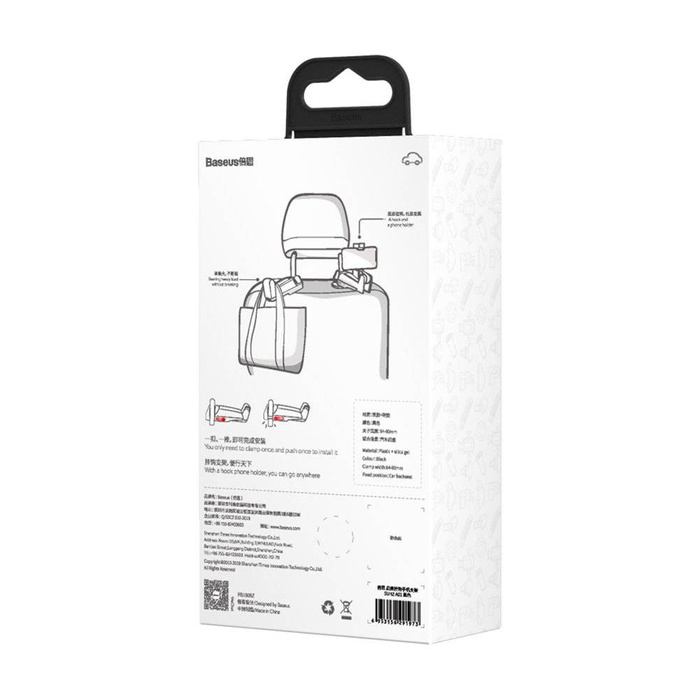 Baseus supporto per veicolo per sedile posteriore gancio per auto supporto per telefono 4,0 &#39;&#39; - 6,5 &#39;&#39; per poggiatesta nero (SUHZ-A01)