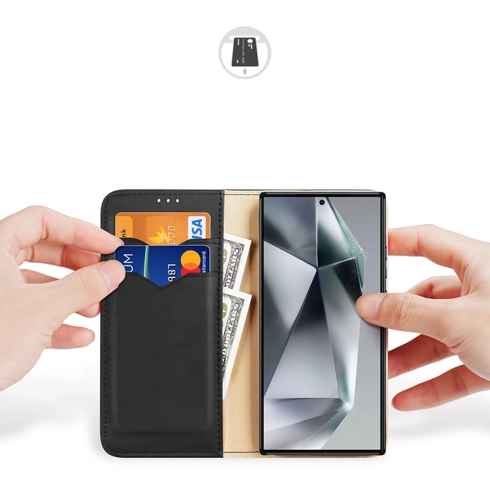 Custodia Dux Ducis Hivo con patta e blocco RFID per Samsung S24 Galaxy Ultra - nera