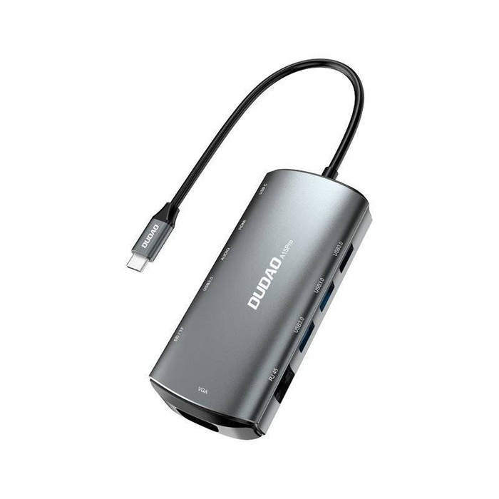 Dudao 11v1 multifunkční USB HUB typu C - USB typu C PD 60 W / HDMI / 3,5 mm mini jack / 1x USB 2.0 / čtečka karet micro SD / VGA / RJ45 / 3x USB 3.2 Gen 1 šedý (A15Pro šedý)