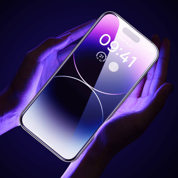 Cristal templado de pantalla completa Baseus para iPhone 14 Pro con cubierta de altavoz de 0,3 mm + marco de montaje