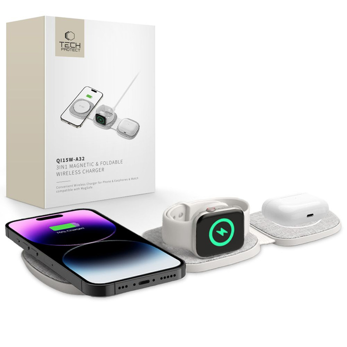 TECH-PROTECT QI15W-A32 3IN1 MAGNETIC MAGSAFE WIRELESS CHARGER GREY