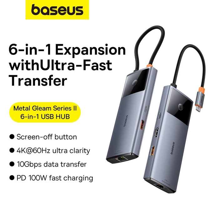 HUB USB 6en1 Baseus Metal Gleam Series II USB-A/USB-C/USB-C PD/HDMI/RJ45/SD/TF - noir