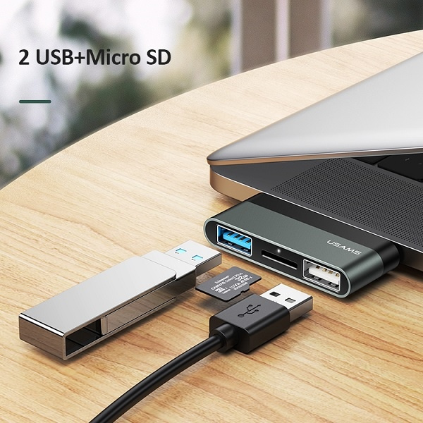 USAMS USB-C Mini HUB 2xUSB Micro SD adapter SJ463HUB01 US-SJ463 Grey