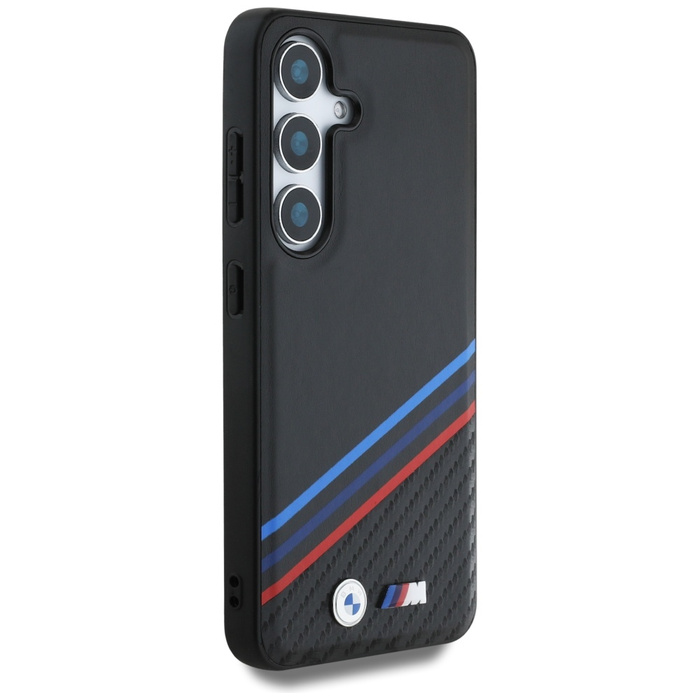 Case BMW Leather Tricolor Crossing Stripes MagSafe for Samsung Galaxy S25 black