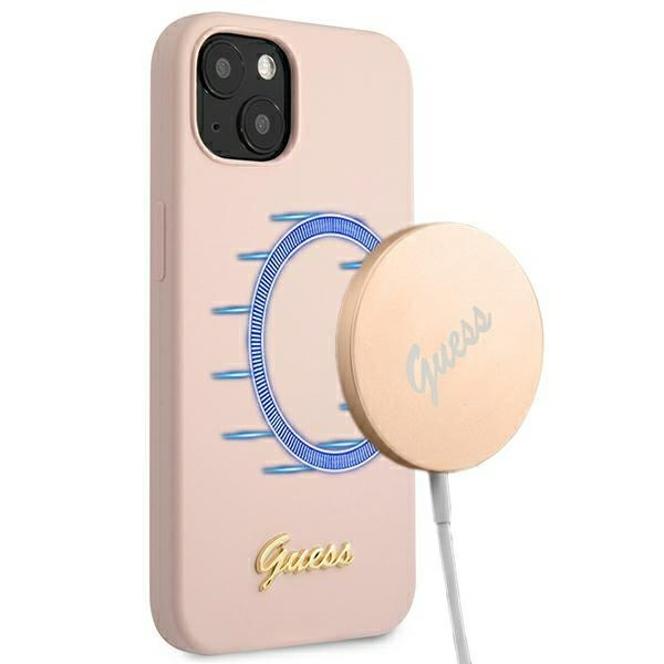 Pouzdro GUESS Apple iPhone 13 Silicone Script Gold Logo MagSafe Pink Hardcase