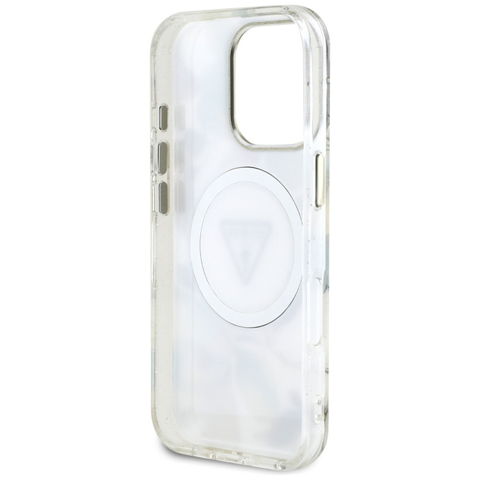 Etui Guess Glitter Flowers Triangle       Buttons MagSafe do iPhone 16 Pro biały