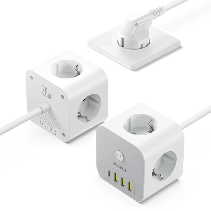 Baseus PowerCombo 7 in 1 Power Strip Cube, 3 AC + 3 x USB-A + 1 x USB-C 20W 1.5 m - white