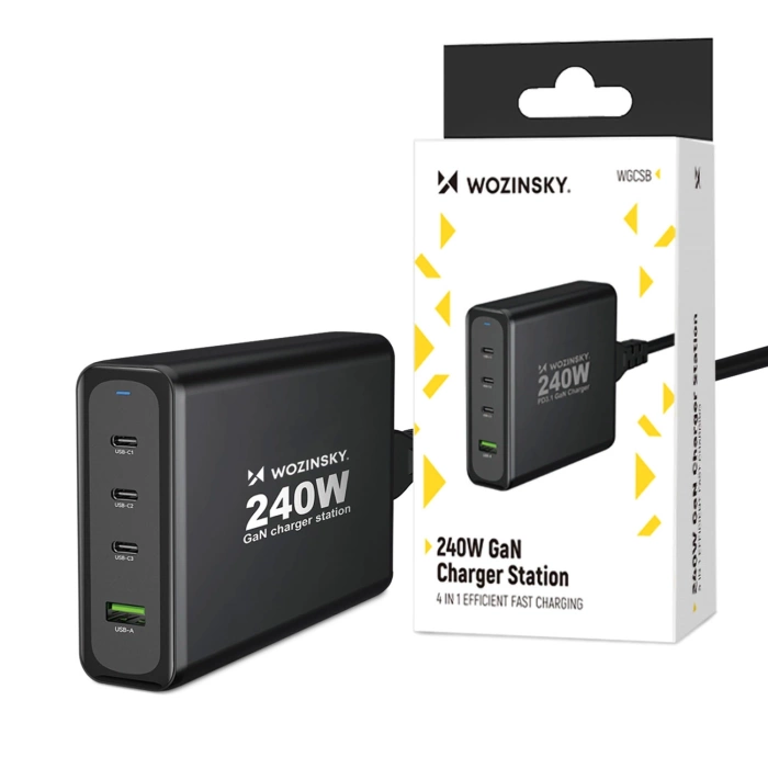 Wozinsky WGCSB 240W GaN wall charger USB-A / 3 x USB-C - black