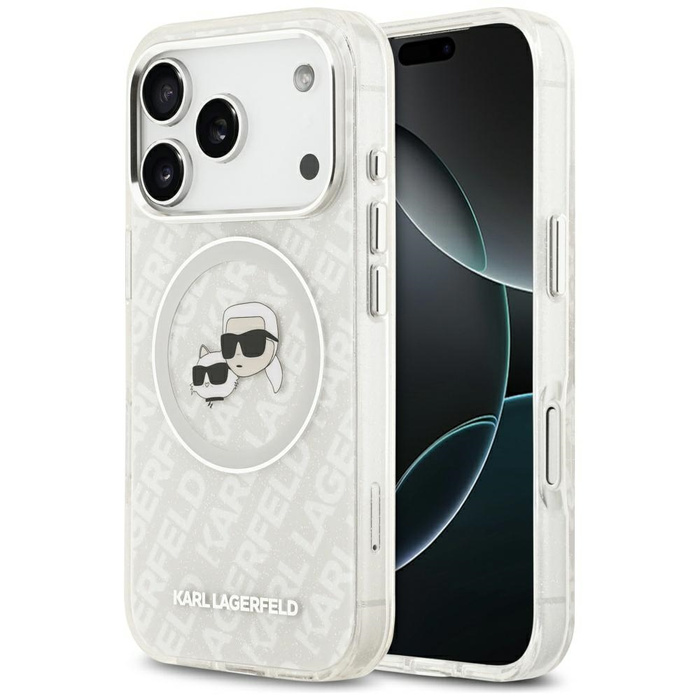 Etui Karl Lagerfeld IML Glitter Karl &   Choupette Heads Logo MagSafe do iPhone 17 Pro szary