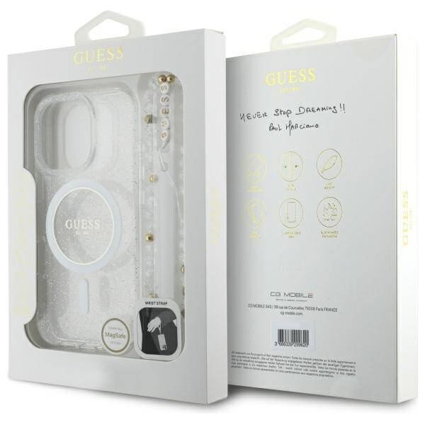 Etui Guess iPhone 16 Pro Max 6.9" przeźroczysty/transparent hardcase IML Glitter With Pearl Strap MagSafe