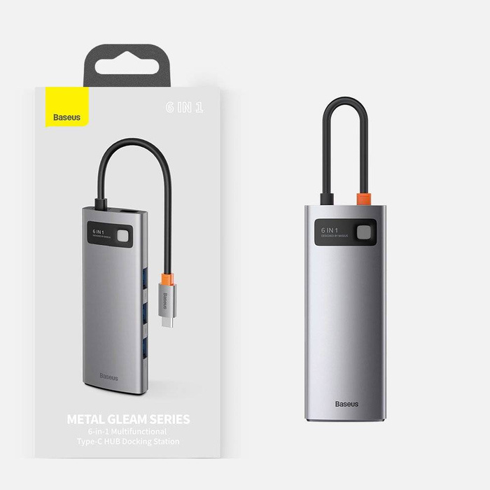 Baseus Metal Gleam 6in1 Multifunktions-HUB USB Typ C - USB Typ C Stromversorgung 100 W / HDMI 4K 30 Hz / 3x USB 3.2 Gen 1 / RJ45 1 Gbit/s (CAHUB-CW0G)