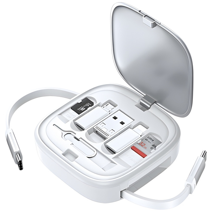 USAMS Kabel rozwijany 3w1 z pudełkiem MicroUSB/USB-C/Lightning 60W srebrny/silver SJ650USB02 (US-SJ650)