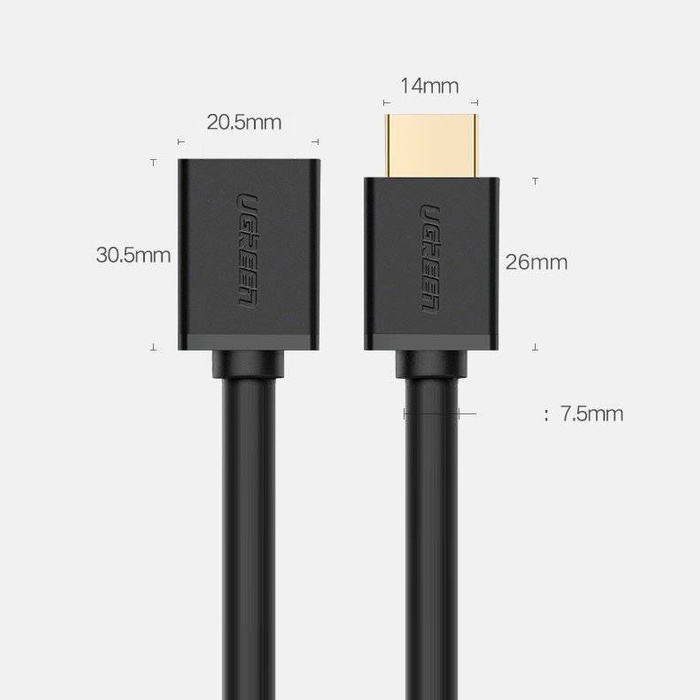 Ugreen kabelový adaptér zástrčka HDMI prodlužovací kabel (samice) - HDMI (samec) 4K 10,2 Gbps 340 Mhz audio ethernet 0,5 m černý (HD107 10140)