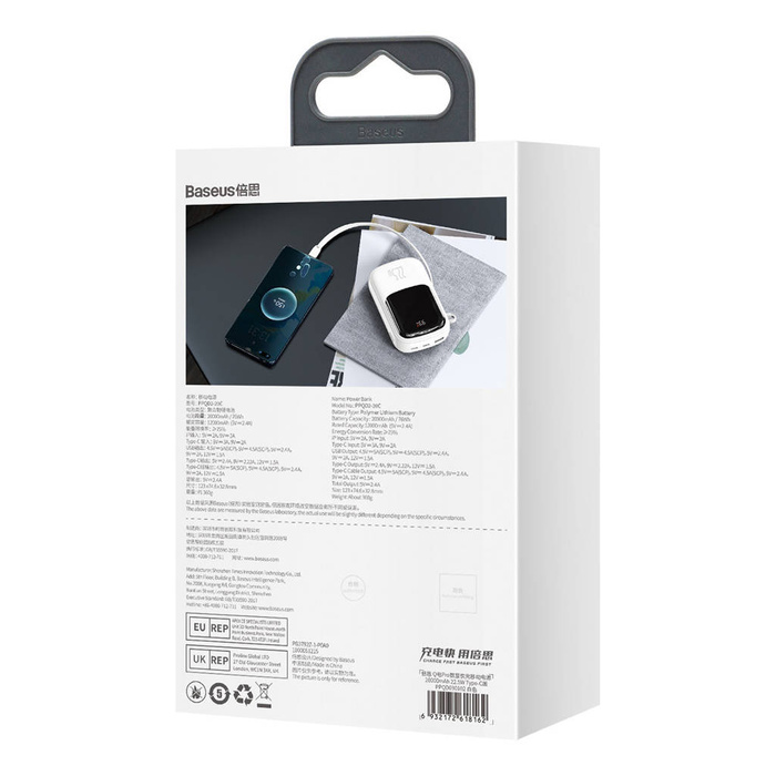 Baseus Qpow Digital Display powerbank with fast charging 20000mAh 22.5W QC/PD/SCP/FCP with built-in USB-C cable white