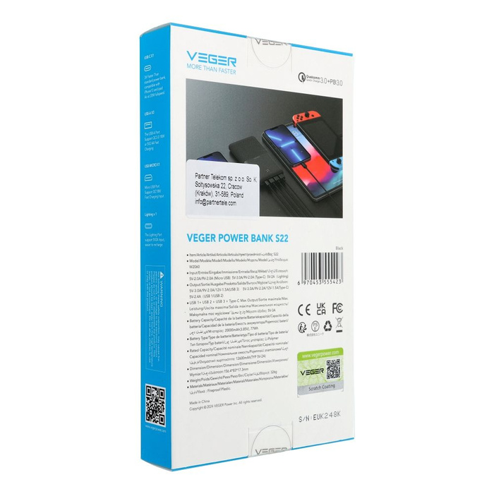 Powerbank Veger (W2060) PD QC3.0 3A 20W 20000 mAh czarny