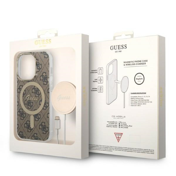 Súprava Puzdro Guess Case+ nabíjačka iPhone 14 Pro Max 6,7" hnedá/hnedá tvrdá case 4G Tlač MagSafe