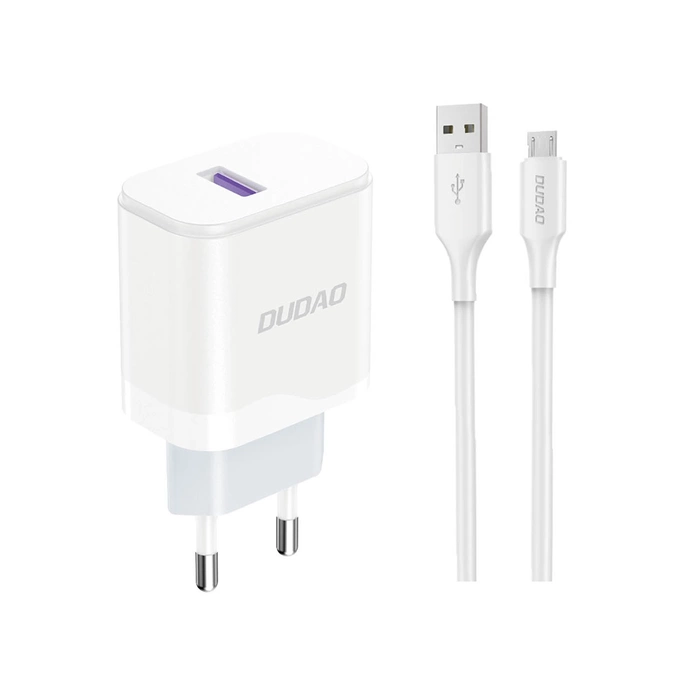 Dudao A20EU USB-A 18W Wandladegerät – Weiß + USB-A – Micro-USB-Kabel