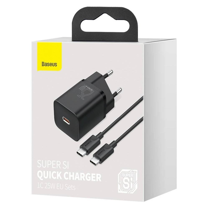 Baseus Super Si Schnellladegerät 1C 25W EU Sets Schwarz + Mini Schwarz Kabel Typ-C auf Typ-C 3A 1m (TZCCSUP-L01)