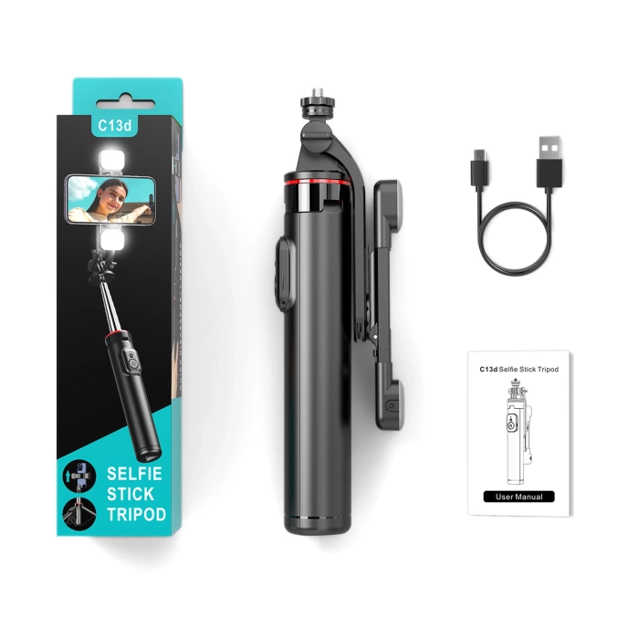 Selfie-Stick WC13YDS Teleskopstativ 1,3 m mit Doppellampe und Telefonhalter – Schwarz