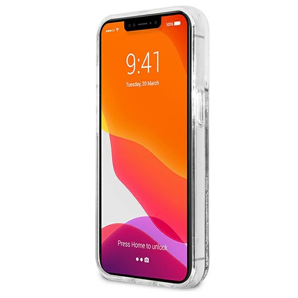 Puzdro KARL LAGERFELD Apple iPhone 13 Pro Max Liquid Glitter Choupette Fun strieborné pevné puzdro