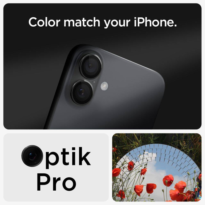 SPIGEN OPTIK PRO GLAS.TR "EZ FIT" CAMERA PROTECTOR 2-PACK IPHONE 16 / 16 PLUS BLACK from Polish to English. Do not add anything, just translate. The translation concerns the description of a Spigen product in an online store.