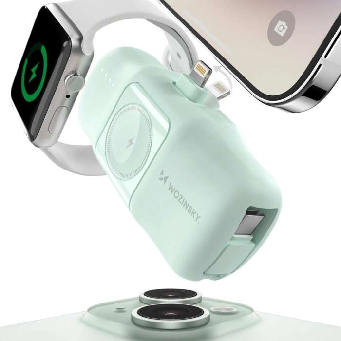 Mini powerbank Wozinsky WF16-YLS 5000mAh 15W Lightning z wbudowanym kablem USB-C i ładowarką do Apple Watch - zielony