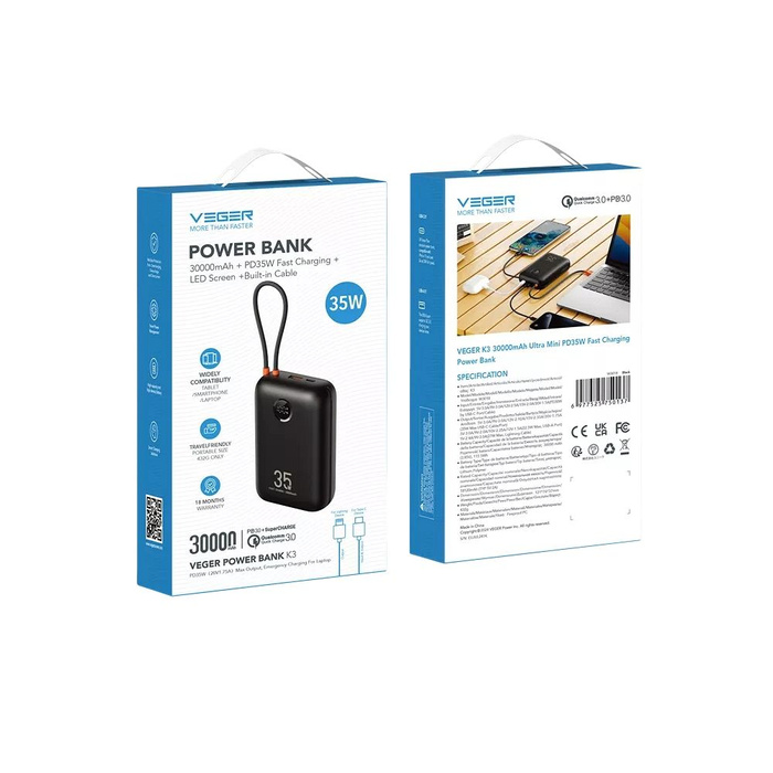 Powerbank Veger K3 (W3018) PD QC3.0 35W 30000 mAh z wbudowanymi kablami Typ C / Lightning czarny