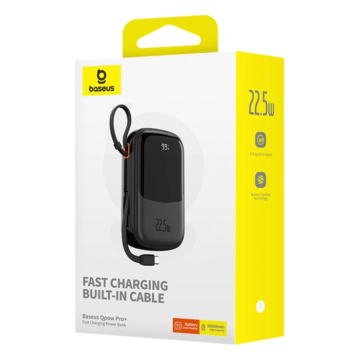 Baseus Qpow Pro+ 20000mAh 22.5W powerbank with built-in USB-C cable and display - black