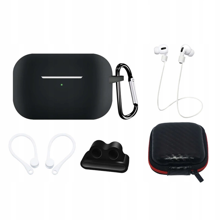 Sada silikonového pouzdra pro AirPods Pro 2 / AirPods Pro 1 + Pouzdro / Háček na ucho / Řemínek na krk / Držák řemínku na hodinky / Karabina | Černá