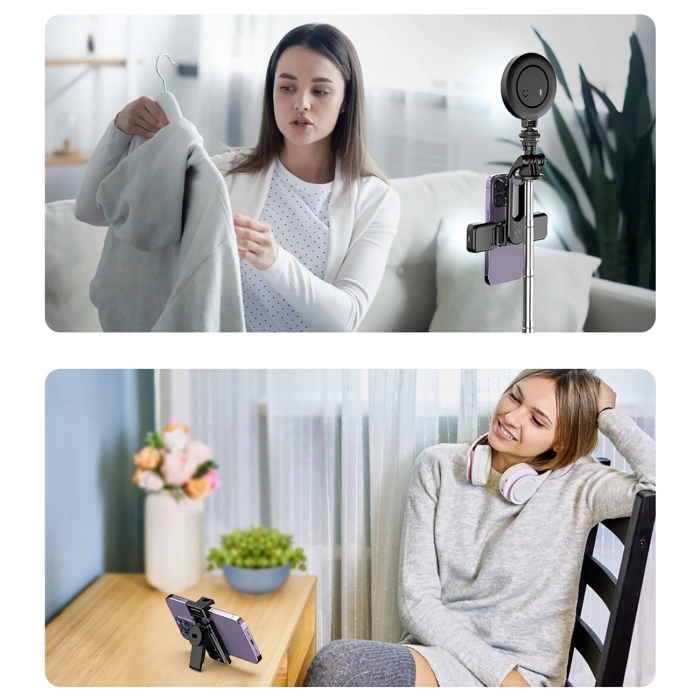 Selfie-Stick WC13YDS Teleskopstativ 1,3 m mit Doppellampe und Telefonhalter – Schwarz