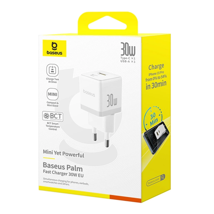 Baseus Palm 30W USB-C USB-A Wandladegerät - Weiß