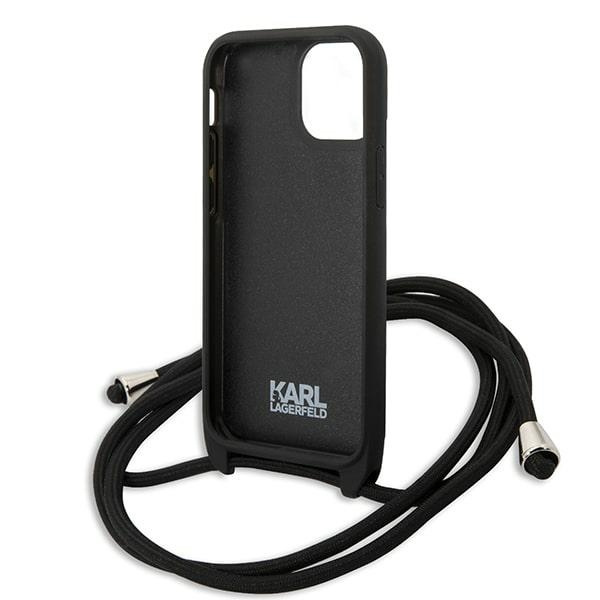 Hülle KARL LAGERFELD Apple iPhone 13 Mini Leder Monogramm Patch und Schnur Iconik Schwarz Hartcase