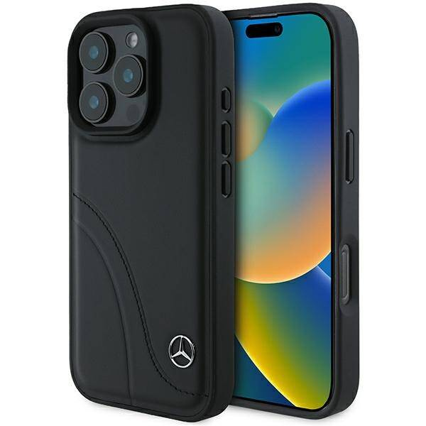 Etui Mercedes iPhone 16 Pro 6.3" czarny/black hardcase MB Curved Stitches Leather