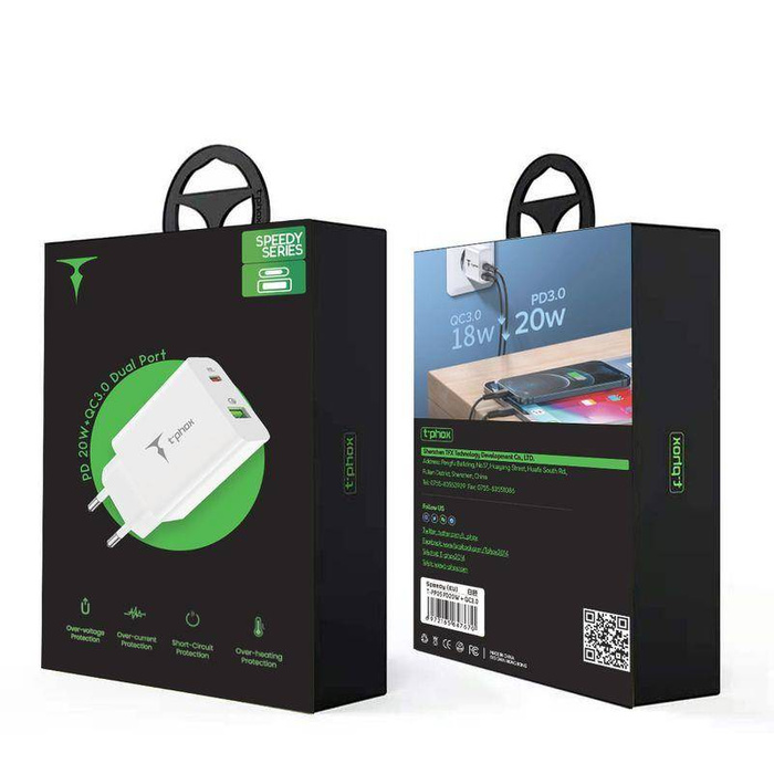 T-PHOX SPEEDY USB-C 20W/USB 18W PD QC + CABLE LIGHTNING 1M BLANCO/BLANCO