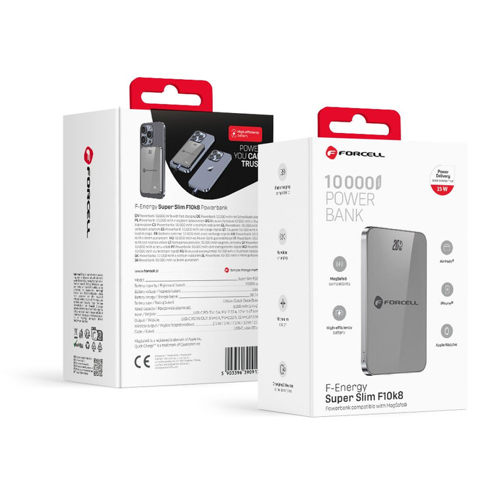 Powerbank zgodny z MagSafe Forcell F-Energy SuperSlim F10K8 QC4.0 PD3.0 15W 10000 mAh szary 0INT