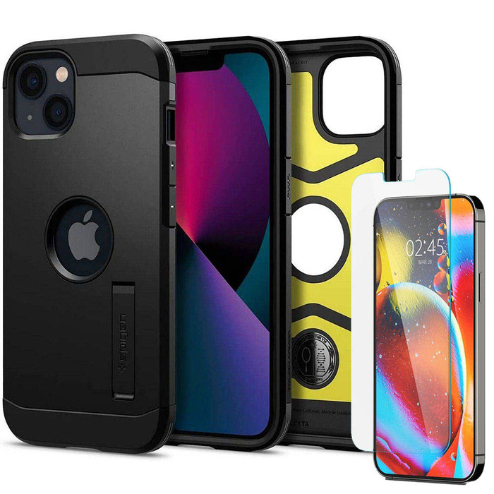 Case iPhone 13 Spigen Tough Armor Black Case + Tempered Glass Spigen Glas.Tr Slim