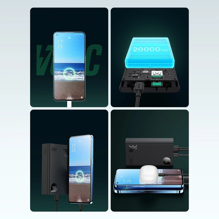 Baseus Adaman2 Powerbank mit bildschirmem digital 20000mAh 30W 2 x USB / 1x USB Typ C Power Delivery Quick Charge SCP, Oppo Super VOOC schwarz (PPAD050101)