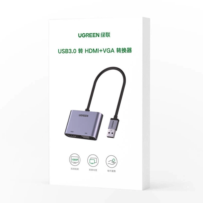 Ugreen CM449 USB – HDMI 1.3 (1920 x 1080 60 Hz), VGA 1.2 (1920 x 1080 60 Hz) Adapter – Grau