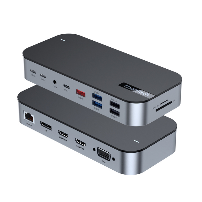 HUB Choetch M52 USB-C - USB-C PD/USB-C/USB-A/HDMI/VGA/DP/SD/TF/RJ45/AUX - gris
