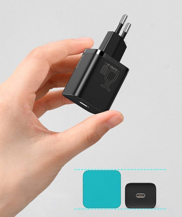 Baseus Super Si Schnellladegerät 1C 25W EU Sets Schwarz + Mini Schwarz Kabel Typ-C auf Typ-C 3A 1m (TZCCSUP-L01)