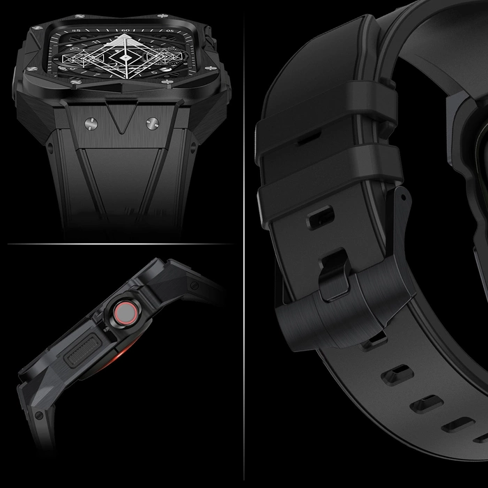 Kingxbar CYF140 2in1 Armband für Apple Watch Ultra, SE, 8, 7, 6, 5, 4, 3, 2, 1 (49, 45, 44, 42 mm) mit integriertem Edelstahl-Rüstungsgehäuse, schwarz